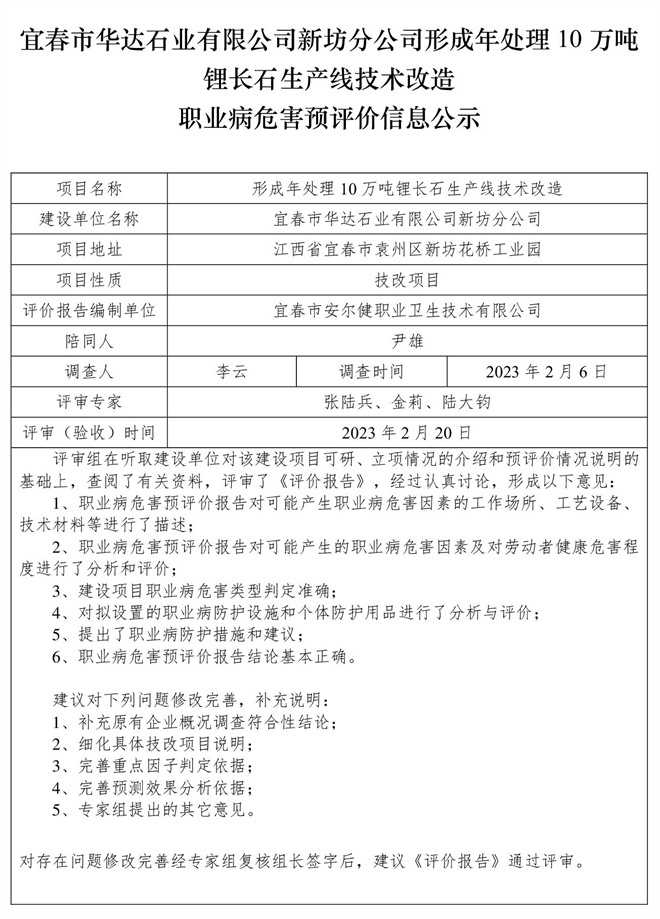 宜春市華達石業(yè)有限公司新坊分公司形成年處理10萬噸鋰長石生產(chǎn)線技術(shù)改造職業(yè)病危害預評價信息公示.jpg